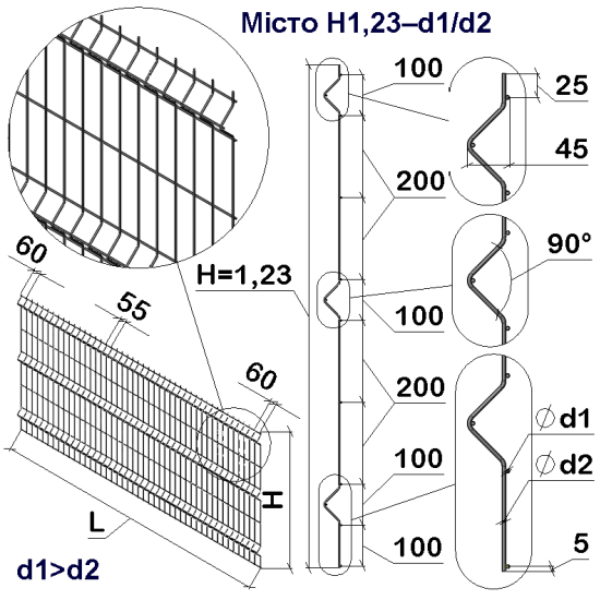 Панель огорожі дротяна Бриз Місто H1,23–4/3 (1230x2500) х/к Ст1 ТПК RAL 7016