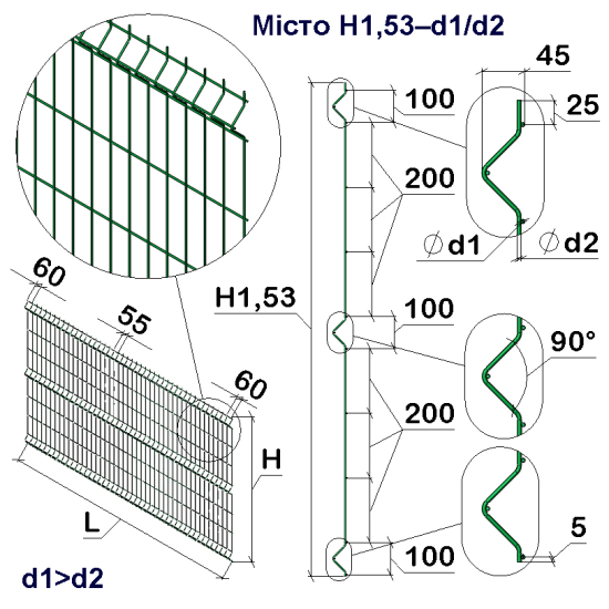 Панель огорожі дротяна Бриз Місто H1,53–4/3 (1530x2500) х/к Ст1 ТПК RAL 6005