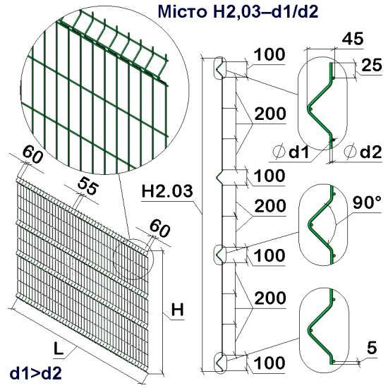 Панель огорожі дротяна Бриз Місто H2,03–4/3 (2030x2500) х/к Ст1 ТПК RAL 6005