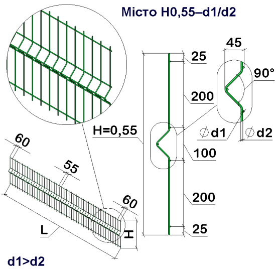 Панель огорожі дротяна Місто H0,55–4/3 (550x2500) оц Ст1 ППл RAL 6005
