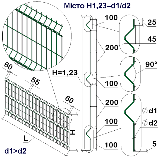 Панель огорожі дротяна Місто H1,23–4/3 (1230x3000) оц Ст1 ППл RAL 6005