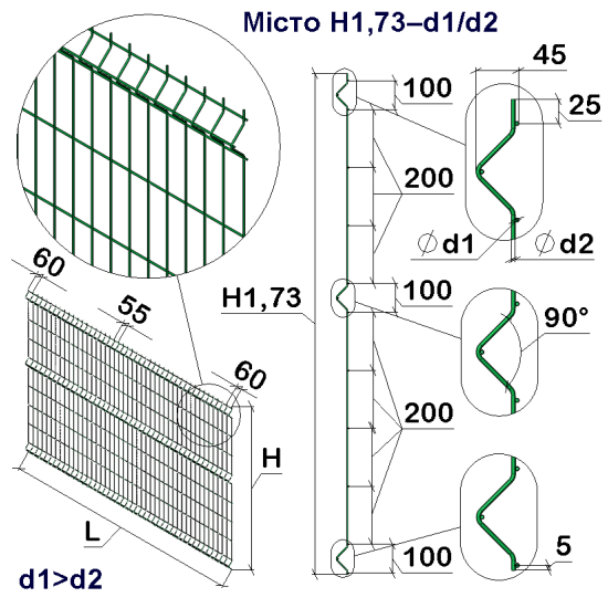 Панель ограждения проволочная Город H1,73–4/3 (1730x2500) оц Ст1 ППл RAL 6005