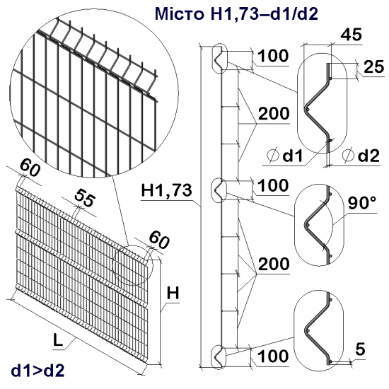 Панель огорожі дротяна Місто H1,73–4/3 (1730x2500) оц Ст1 ППл RAL 7016
