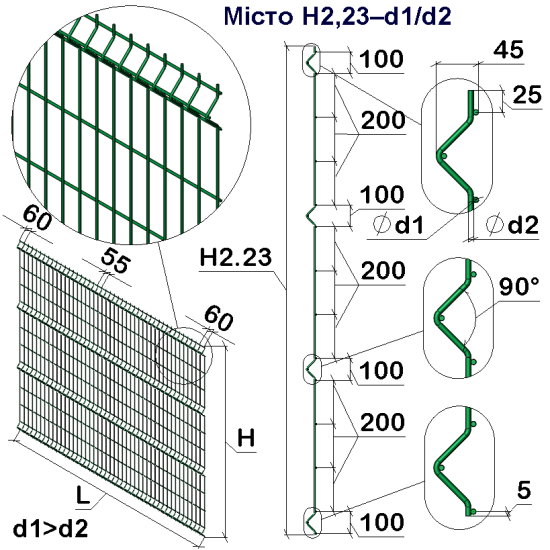 Панель огорожі дротяна Місто H2,23–4/3 (2230x3000) оц Ст1 ППл RAL 6005