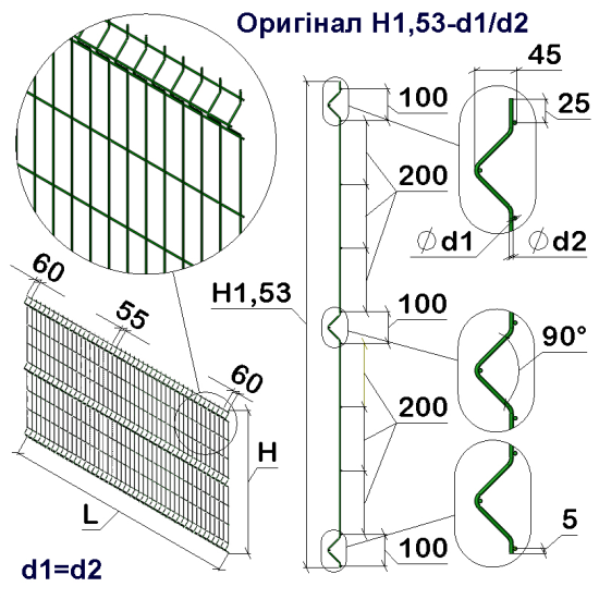 Панель ограждения проволочная Торнадо Оригинал H1,53–5/5 (1530x3000) х/к Ст1 ТПК RAL 6005