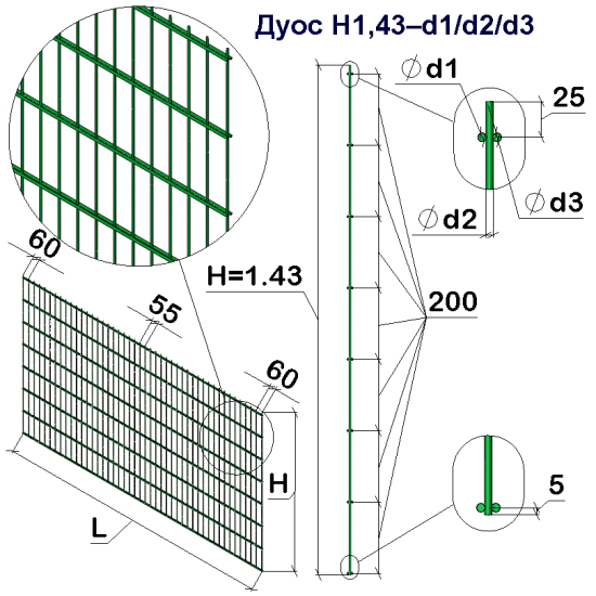 Панель ограждения проволочная Ураган Дуос H1,43–5/4/5 (1430x2500) х/к Ст1 ТПК RAL 6005