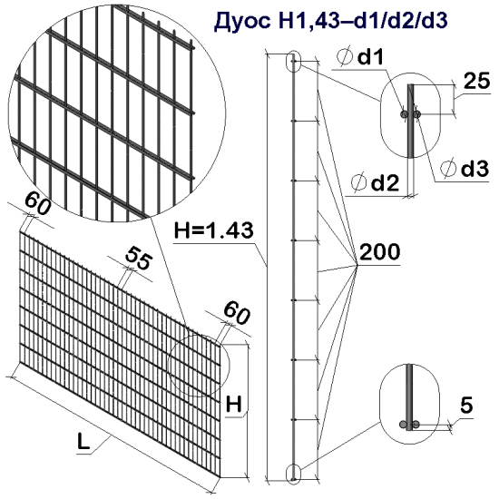 Панель ограждения проволочная Ураган Дуос H1,43–5/4/5 (1430x2500) х/к Ст1 ТПК RAL 7016