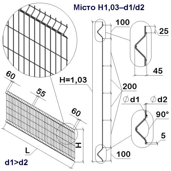 Панель огорожі дротяна Економ Місто H1,03–4/3 (1030x3000) оц Ст1 без фарбування