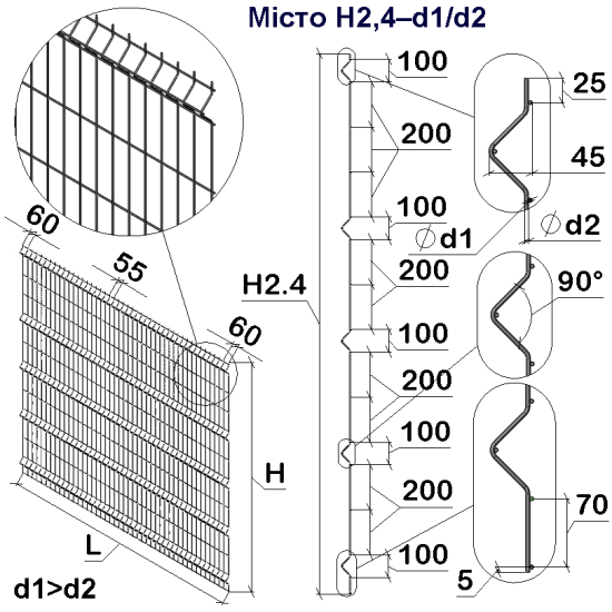 Панель огорожі дротяна Економ Місто H2,4–4/3 (2400x2500) оц Ст1 без фарбування